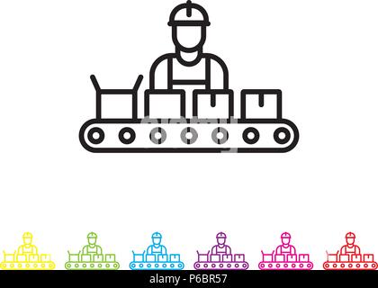 Worker at assembly line vector line icon. Manufacturing and industry symbol. Stock Vector