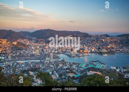 Japan, Kyushu, Nagasaki City, Nagasaki Bay at sunset from Mount Inasa Stock Photo