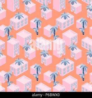 Pink house blocks seaside seamless vector pattern. Stock Vector