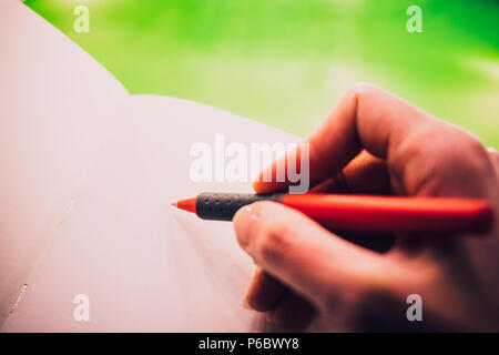 Hand with red pen writing in blank notebook. on a bright green background. Copyspace. Top view Stock Photo
