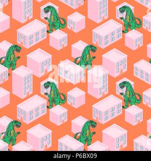 Dino monster in a pink city seamless vector pattern. Stock Vector