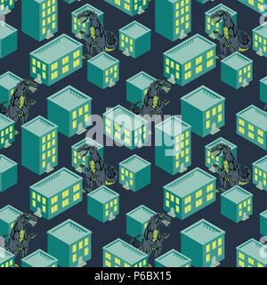 Dino monster in a night city seamless vector pattern. Stock Vector