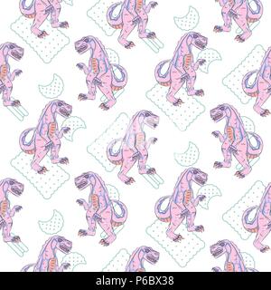 Pink reptile monster teen seamless vector pattern. Stock Vector