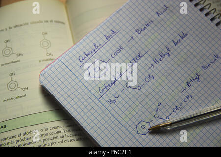 formulas of organic chemistry in a student's class notebook. Stock Photo