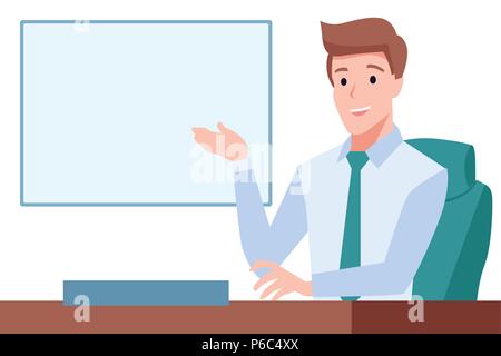 Elegant gentleman sit on chair presenting something on whiteboard, Office environment, Leader boss Stock Vector