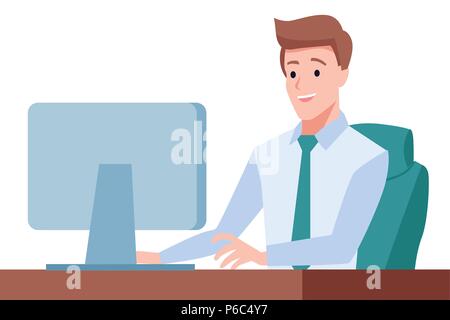Gentleman sit on desk and working on computer, Office environment, Leader boss Stock Vector