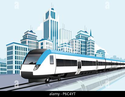 Speedy metro passing in front of modern city, Transportation, Modern life Stock Vector