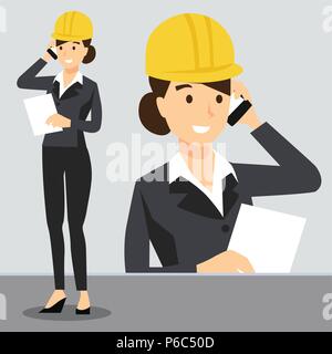 Beautiful girl in workplace wearing safety helmet, Construction, Uniform dress Stock Vector