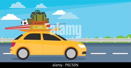 Small car loading many stuff and going for holiday, Welcome vacation Stock Vector
