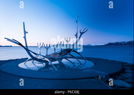 Famous sculpture solfarid (sun voyager) of Jon Gunnar Arnason covered in late evening light, iceland april 2018 Stock Photo