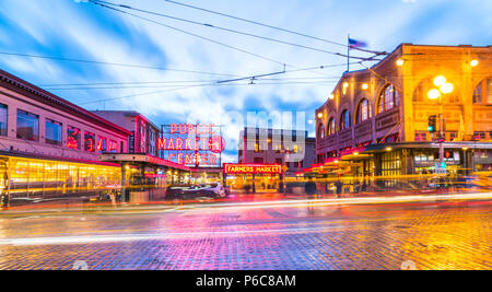 Seattle,Washington,usa. 02/06/17: Pike place market with reflection on the ground  at night.. Stock Photo