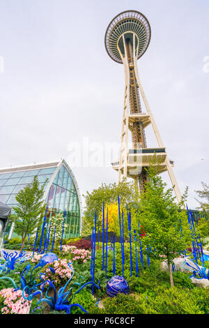 SEATTLE - Apr 26, 2016: Blown glass in abstract shapes, Chihuly Garden and Glass Museum, Seattle, Washington Stock Photo