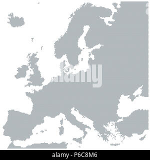 Map of Europe made of gray dots. Dotted silhouette, outline and surface of Europe and the surrounded regions. Dots in a row. Illustration. Stock Photo