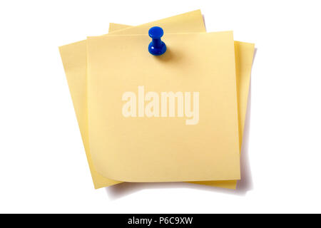 Untidy pinned stack yellow sticky post notes isolated on white Stock Photo