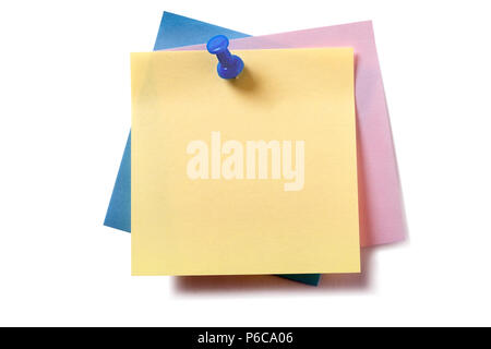 Untidy stack various different colors sticky post notes pinned isolated on white Stock Photo