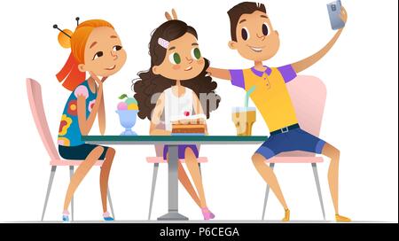 Two girls and boy meeting at the cafe a and taking selfie. Teenagers friends at the restaurant taking photo on phone. Smiling students having coffee-break and taking self-portrait. Stock Vector