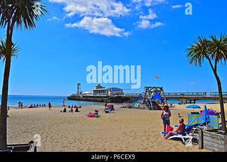 Hot sunny weather & the palm trees give this beach scene a tropical feel as people enjoy the beach next to  Bournemouth Pier in the Summer time Stock Photo