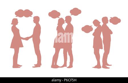 Set of silhouettes of young couple - men and women in different poses with bubbles for text - vector Stock Vector