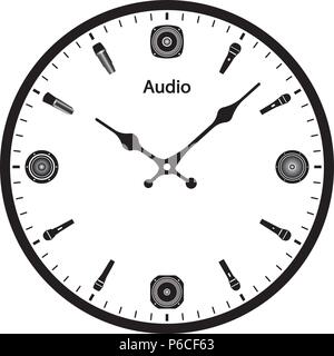 Wall clock with audio equipment. Microphone and speaker driver. Flat vector Stock Vector