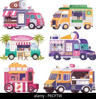 Street Food Trucks and Vans Icons Stock Vector
