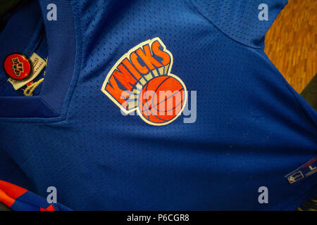 New York Knicks basketball apparel in a sporting goods store in