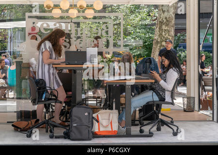 Workers in Madison Square Park in New York enjoy being outdoors at the L.L. Bean Outdoors' "Be an Outsider at Work" pop-up co-working space on Thursday June 21, 2018. Promoting an outdoor lifestyle and reacting to research that shows workers between the ages of 22-65 spend 95 percent of their time outdoors the outdoor goods retailer created their portable pop-up office complete with a complement of comfortable office furniture and wi-fi. The busy branding event attracted many people for meetings and just to work on their laptops and was lucky enough not to be on a day where New York's oppressi Stock Photo