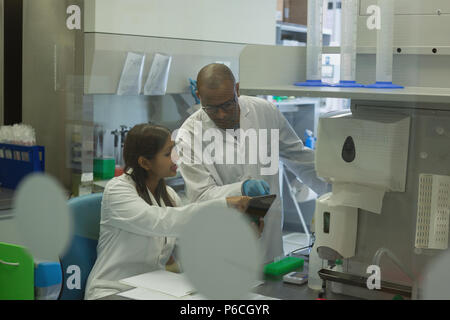 Scientists discussing over digital tablet Stock Photo