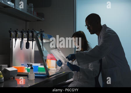 Scientists discussing over clipboard Stock Photo