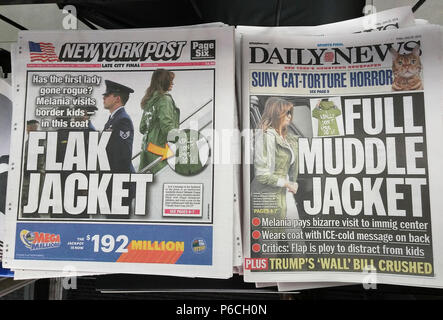 New York tabloid newspapers feature cover stories on Friday, June 22, 2018 on First Lady Melania Trump's wearing a Zara brand jacket with the words 'I Really Don't Care Do U?' during a visit to an immigration center.  (Â© Richard B. Levine) Stock Photo