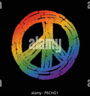 Rainbow colored peace symbol graffiti. Vector graphic on separated, changeable black background. Stock Vector