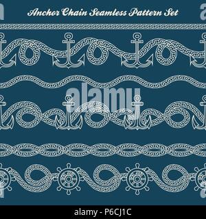 Six nautical patterns with anchor and chain. Vector illustration. Stock Vector