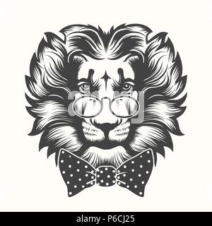 Portrait of Lion Head with round glasses and bow tie. Vector illustration in engraving style. Stock Vector