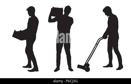 Set silhouette of a man carrying a box and carrying a cart - vector Stock Vector