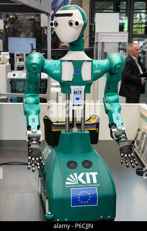 Hannover, Germany - June 13, 2018: The humanoid robot ARMAR-6 from KIT at the booth of the institute at CeBIT 2018. Stock Photo