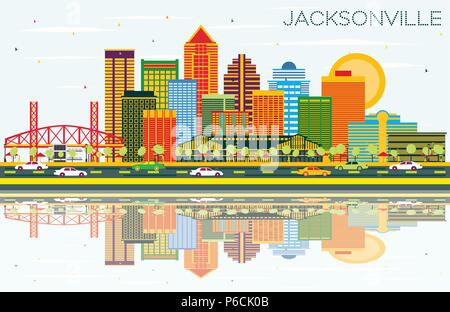 Jacksonville Florida Skyline with Color Buildings, Blue Sky and Reflections. Vector Illustration. Business Travel and Tourism Concept Stock Vector