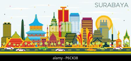 Surabaya Indonesia Skyline with Color Buildings and Blue Sky. Vector Illustration. Business Travel and Tourism Concept with Modern Architecture. Stock Vector