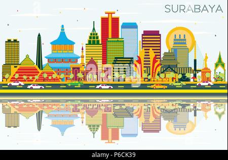 Surabaya Indonesia Skyline with Color Buildings, Blue Sky and Reflections. Vector Illustration. Stock Vector