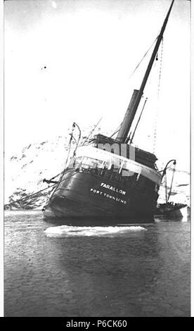 . English: Wreck of the FARALLON, Iliamna Bay, January 1910 . English: The Alaska Steamship Co.'s steam schooner Farallon which serviced southeastern Alaska was wrecked in Iliamna Bay on January 5, 1910. John Thwaites was among the shipwrecked passengers. PH Coll 247.99 Subjects (LCTGM): Alaska Steamship Co.--Equipment & supplies--Alaska Subjects (LCSH): Farallon (Ship); Cargo ships--Alaska--Iliamna Bay; Shipwrecks--Alaska--Iliamna Bay; Iliamna Bay (Alaska)  . 1910 82 Wreck of the FARALLON, Iliamna Bay, January 1910 (THWAITES 49) Stock Photo