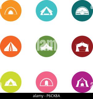 Tent camp icons set, flat style Stock Vector