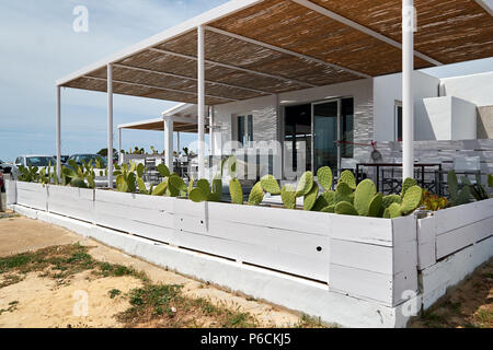 Formentera Island, Spain - May 4, 2018: Outdoors summer cafe in the Island of Formentera. Balearic Islands. Spain Stock Photo