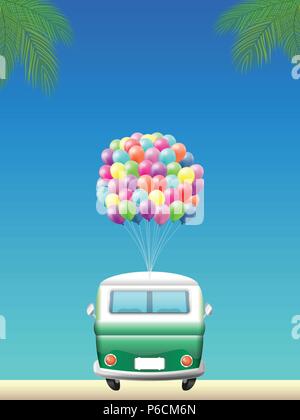 Retro camper van with colorful balloons parked on the beach - rear view Stock Vector