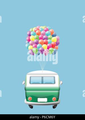 Retro camper van with colorful balloons - rear view Stock Vector