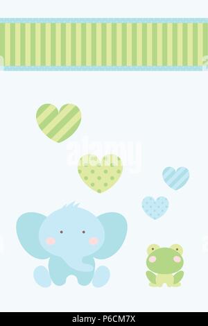 Baby shower - happy blue elephant and green frog celebrate love under heart and ribbon Stock Vector