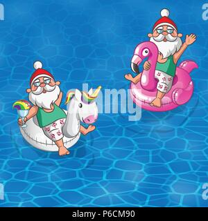 Set Santa Claus floating with inflatable Flamingo and Unicorn, sailing along the sea - summer background Stock Vector