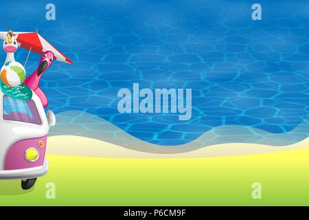 Summer background - view in front of beach with pink camper van on left side driving full beach set Stock Vector