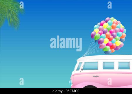 Summer background - Pink mini van palms and bunch of colorful balloons Stock Vector