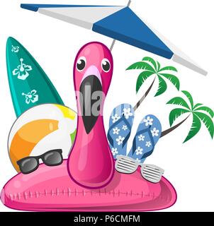 Summer beach set with flamingo swim ring beach ball surfboard flip flops sunglases parasol Stock Vector