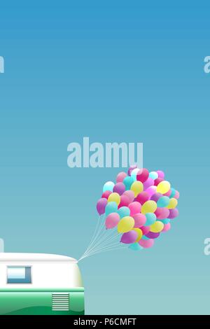 Summer background - Green retro van with bunch of colorful balloons 2-3 aspect ratio Stock Vector