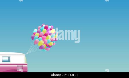 Summer background - Pink retro van with bunch of colorful balloons Stock Vector