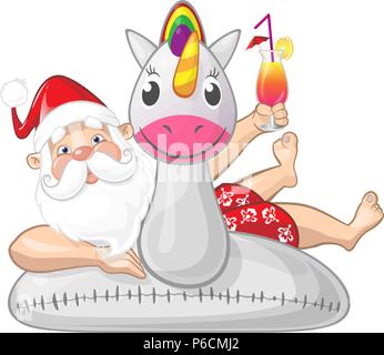 Santa Claus on summer vacation with Unicorn inflatable swim ring - isolated Stock Vector